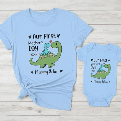 Personalized First Mother’s Day Mom & Baby Saurus Outfit Set with Names Gift for New Mom