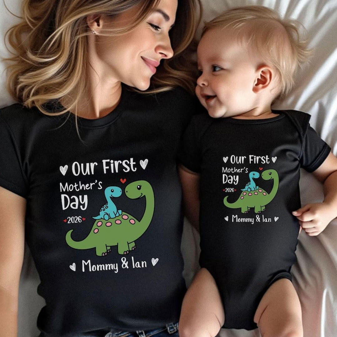 Personalized First Mother’s Day Mom & Baby Saurus Outfit Set with Names Gift for New Mom