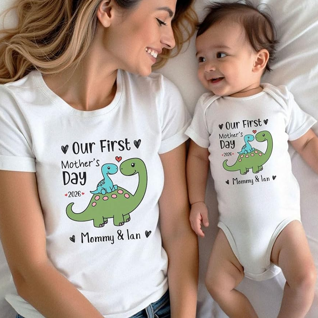 Personalized First Mother’s Day Mom & Baby Saurus Outfit Set with Names Gift for New Mom