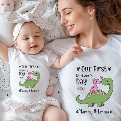 Personalized First Mother’s Day Mom & Baby Saurus Outfit Set with Names Gift for New Mom