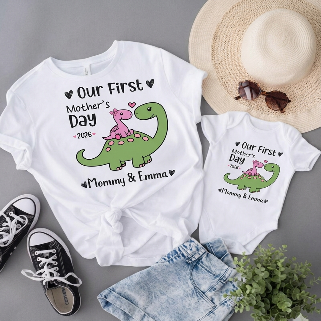 Personalized First Mother’s Day Mom & Baby Saurus Outfit Set with Names Gift for New Mom