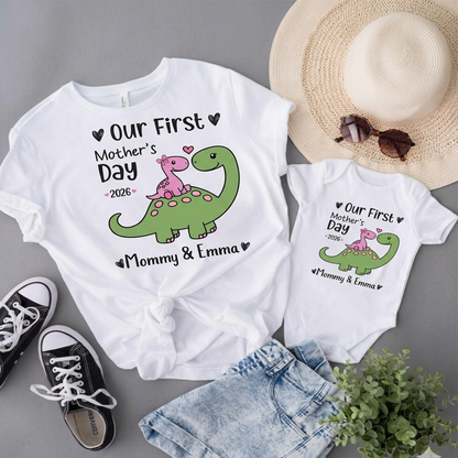 Personalized First Mother’s Day Mom & Baby Saurus Outfit Set with Names Gift for New Mom