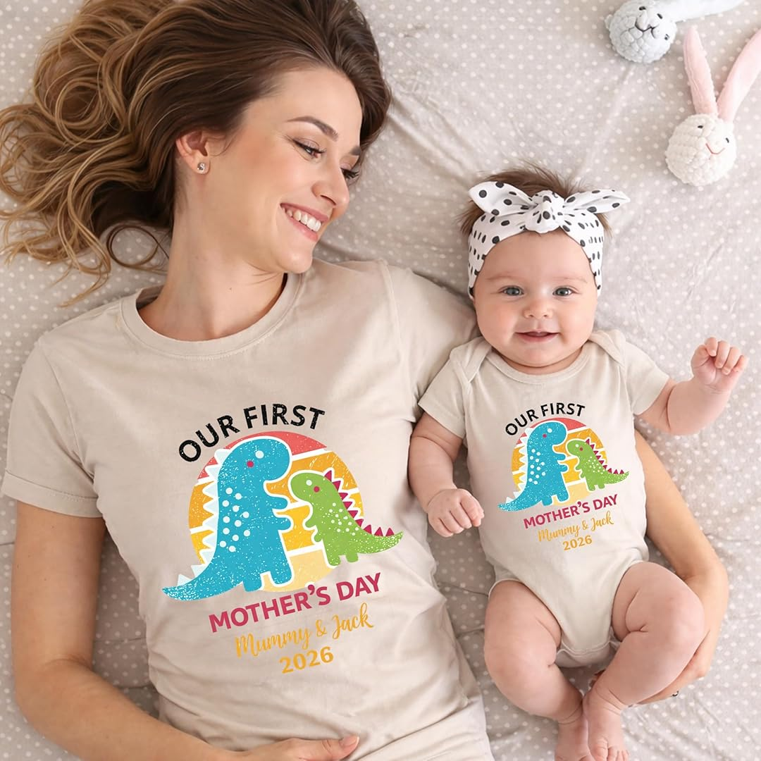 Personalized Our First Mothers Day, Saurus Mom and Baby Matching Outfits Shirts, Bodysuit Baby