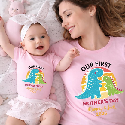 Personalized Our First Mothers Day, Saurus Mom and Baby Matching Outfits Shirts, Bodysuit Baby