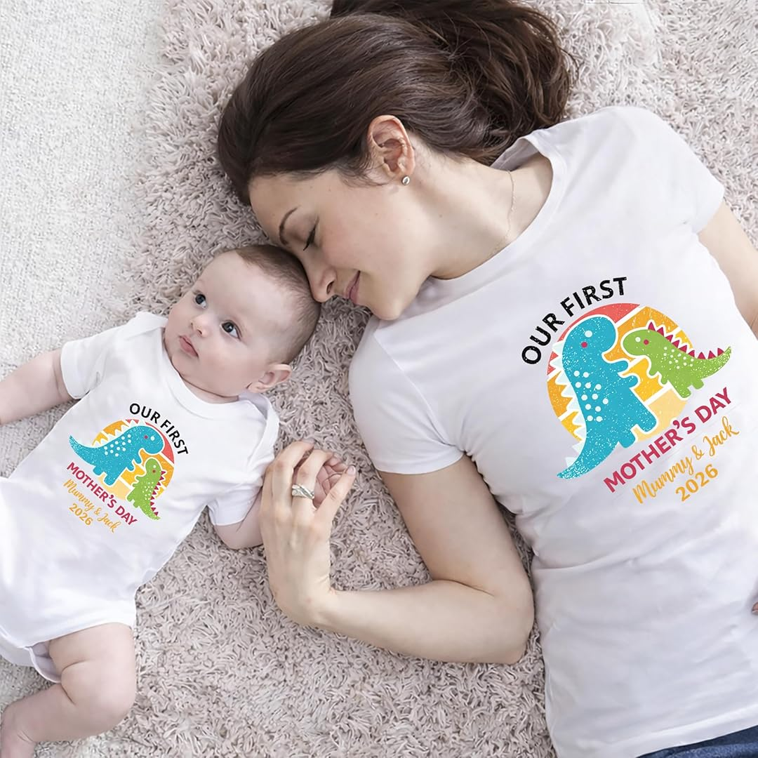 Personalized Our First Mothers Day, Saurus Mom and Baby Matching Outfits Shirts, Bodysuit Baby