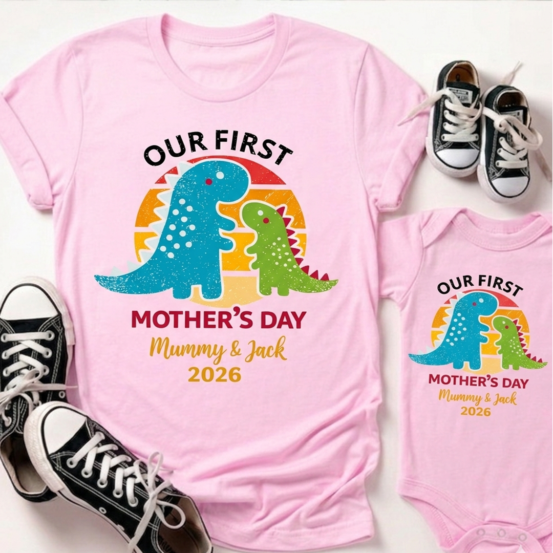 Personalized Our First Mothers Day, Saurus Mom and Baby Matching Outfits Shirts, Bodysuit Baby