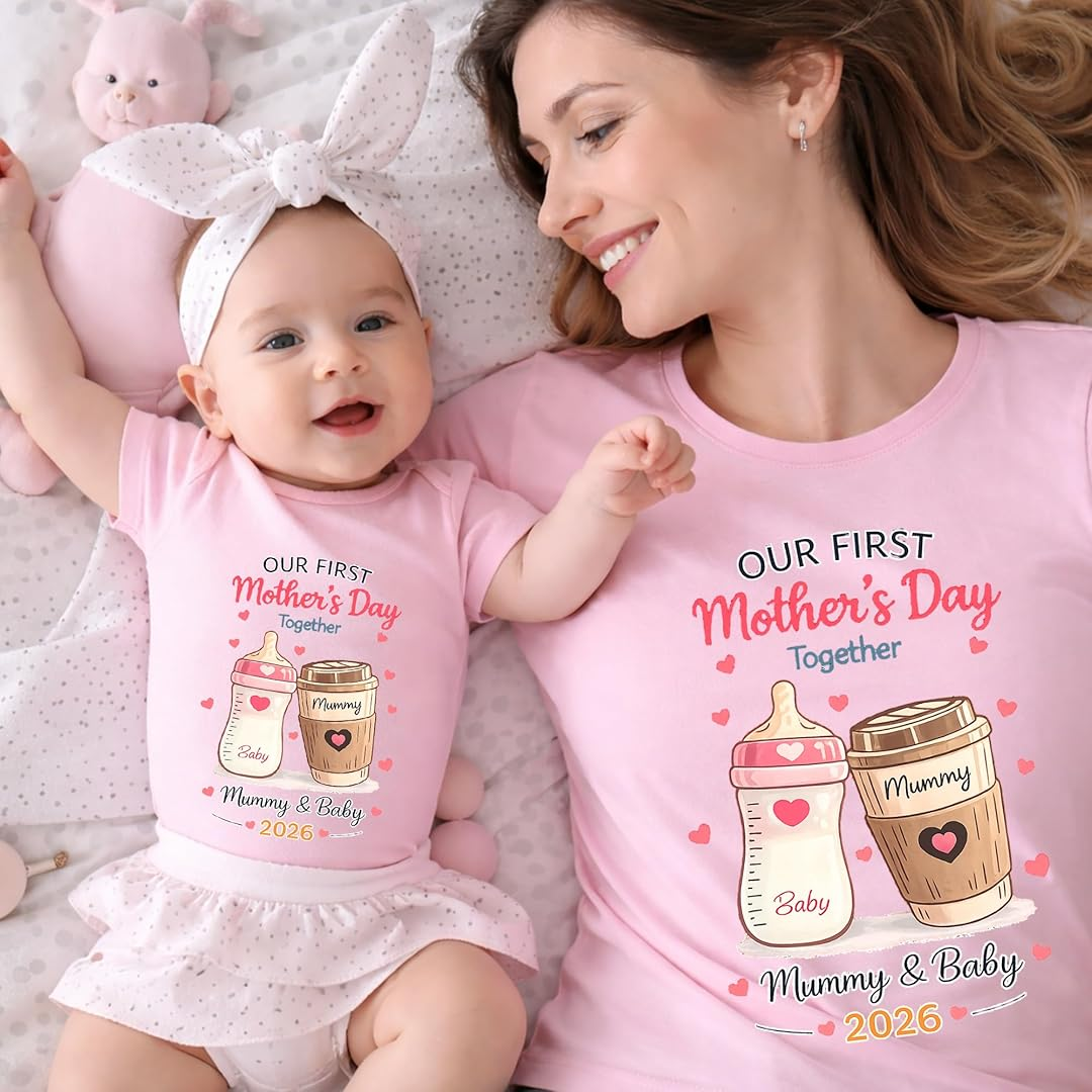 Mom and Baby Personalized Our First Mothers Day Together Matching Outfits Shirts, Bodysuit Baby