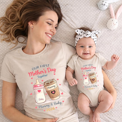 Mom and Baby Personalized Our First Mothers Day Together Matching Outfits Shirts, Bodysuit Baby