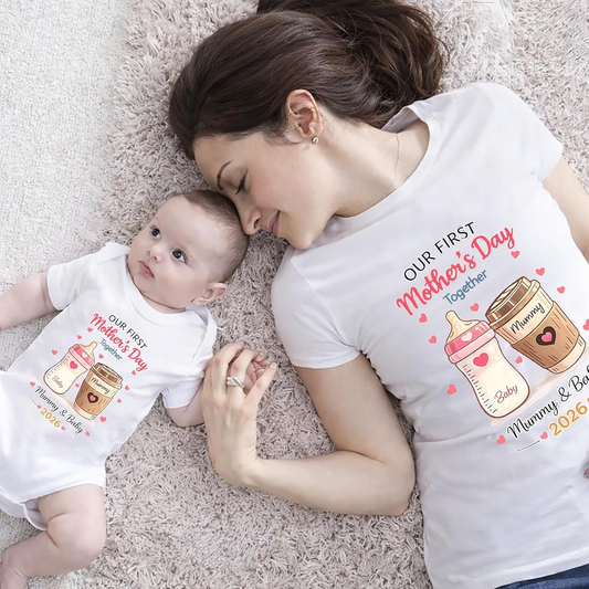 Mom and Baby Personalized Our First Mothers Day Together Matching Outfits Shirts, Bodysuit Baby