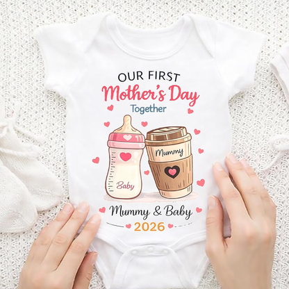 Mom and Baby Personalized Our First Mothers Day Together Matching Outfits Shirts, Bodysuit Baby