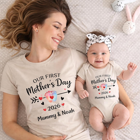 Custom Mom and Baby Name Our First Mothers Day Together Matching Shirts Bodysuit Baby