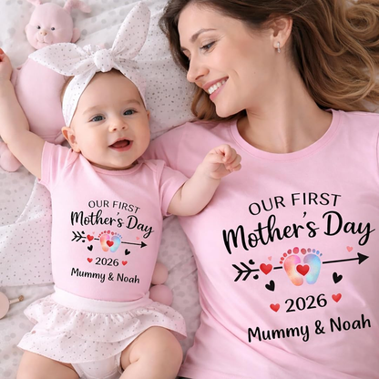 Custom Mom and Baby Name Our First Mothers Day Together Matching Shirts Bodysuit Baby