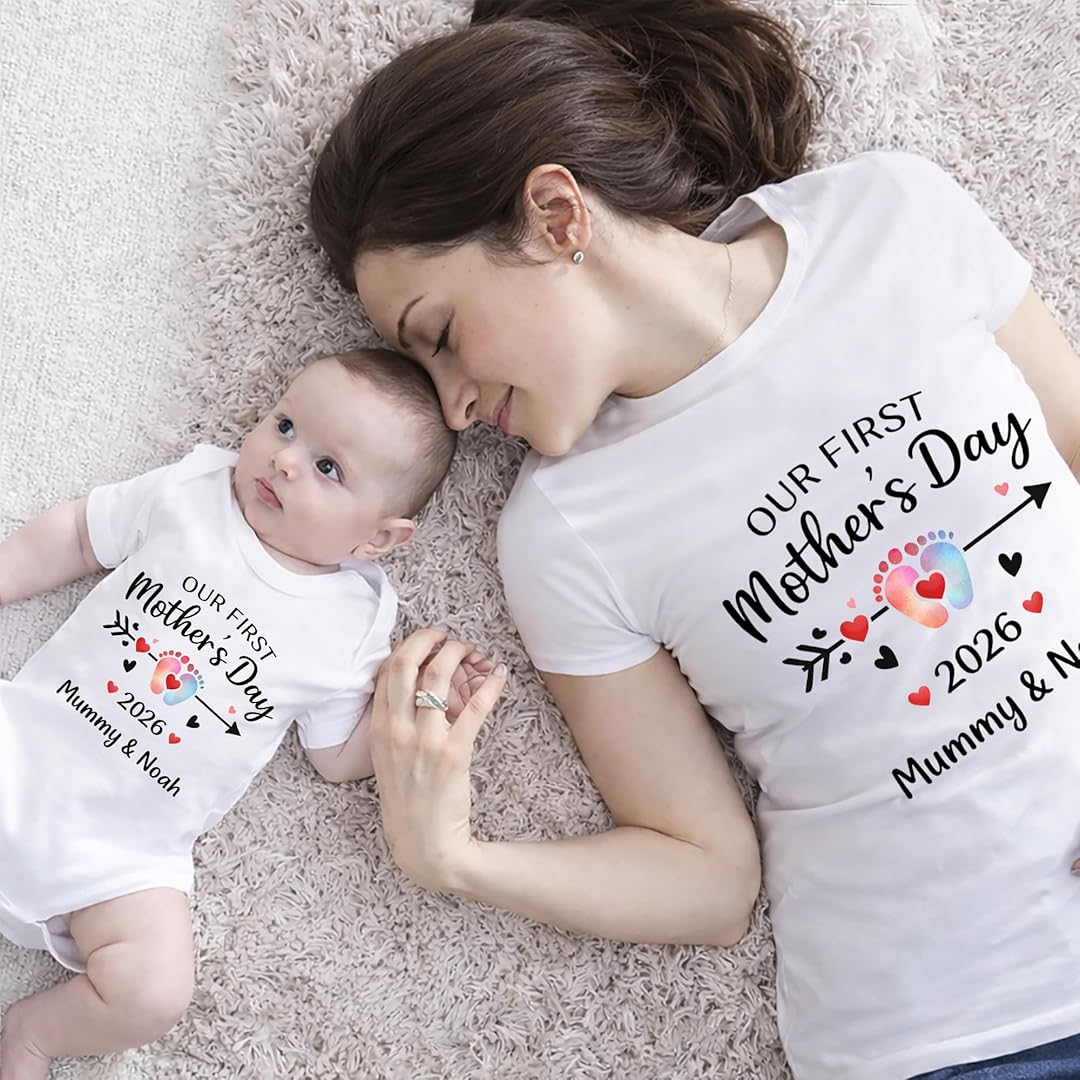 Custom Mom and Baby Name Our First Mothers Day Together Matching Shirts Bodysuit Baby