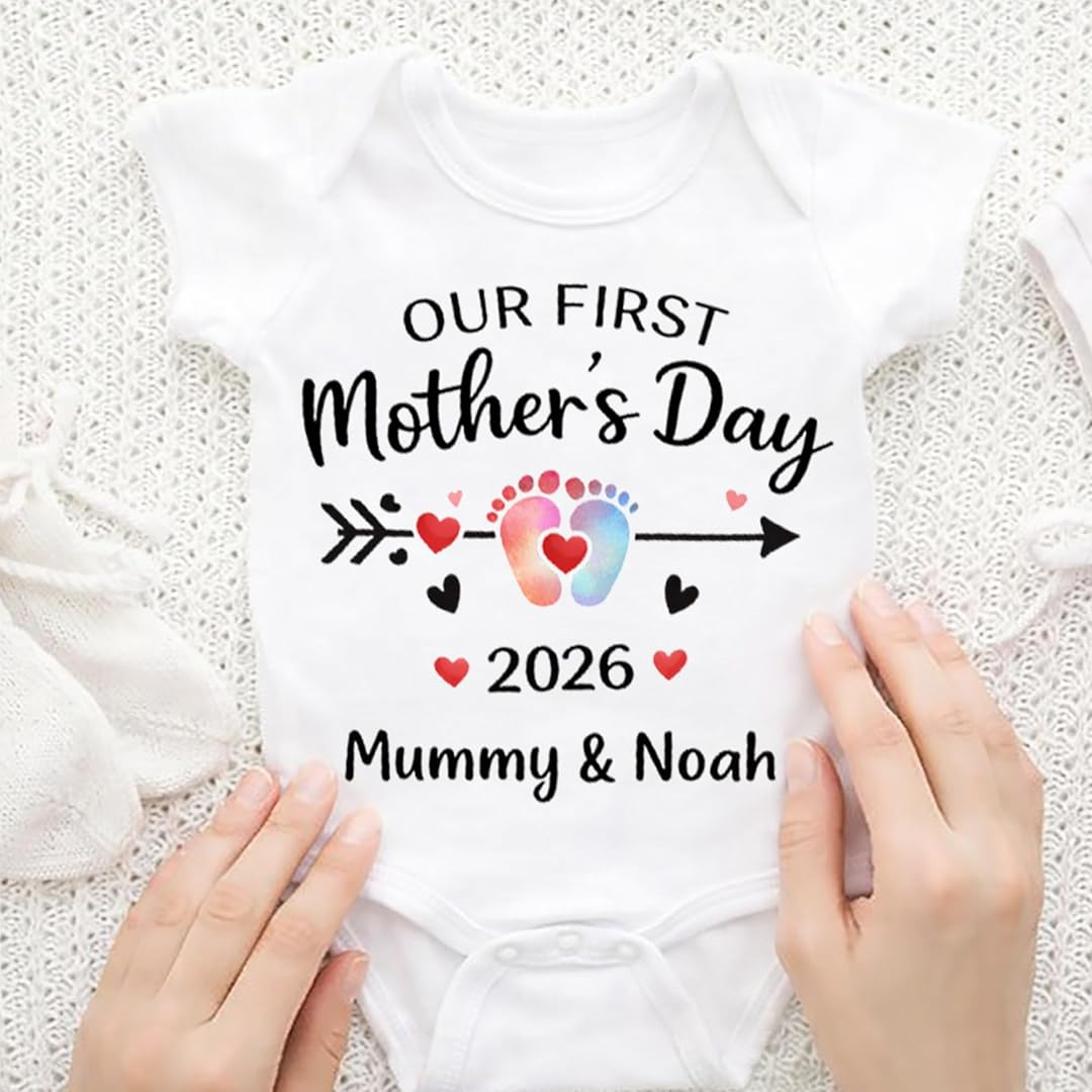 Custom Mom and Baby Name Our First Mothers Day Together Matching Shirts Bodysuit Baby