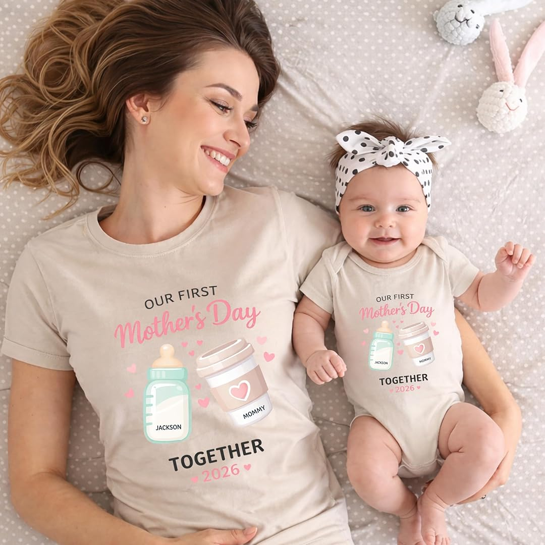 Mom and Baby Custom Name Our First Mothers Day Together Matching Shirts, Bodysuit Baby