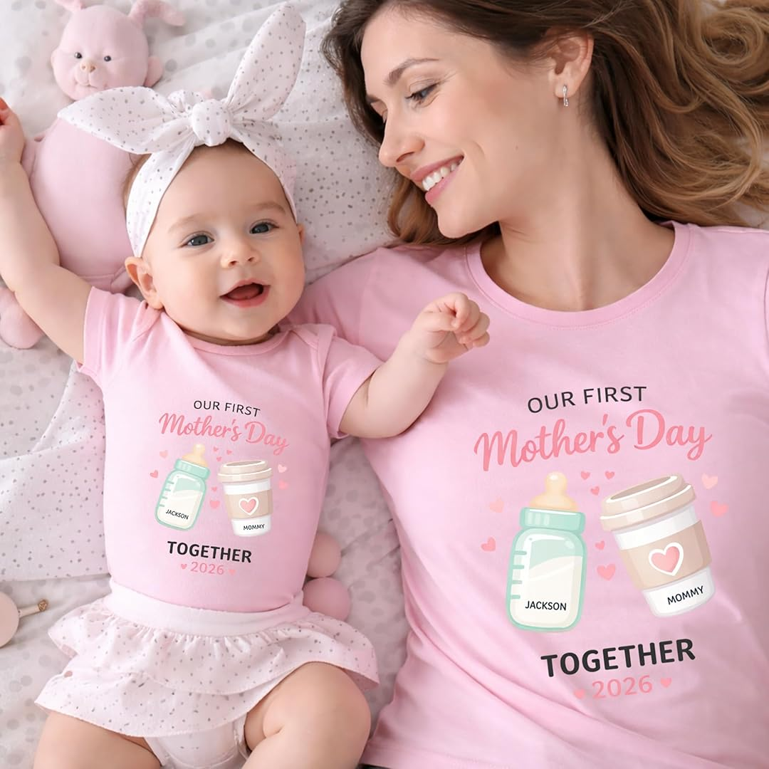 Mom and Baby Custom Name Our First Mothers Day Together Matching Shirts, Bodysuit Baby