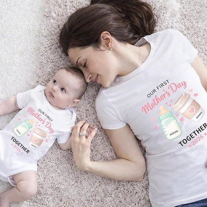 Mom and Baby Custom Name Our First Mothers Day Together Matching Shirts, Bodysuit Baby