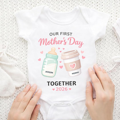 Mom and Baby Custom Name Our First Mothers Day Together Matching Shirts, Bodysuit Baby