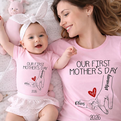 Personalized Our First Mothers Day, Mom and Baby Hand in hand Matching Outfits, Bodysuit Baby