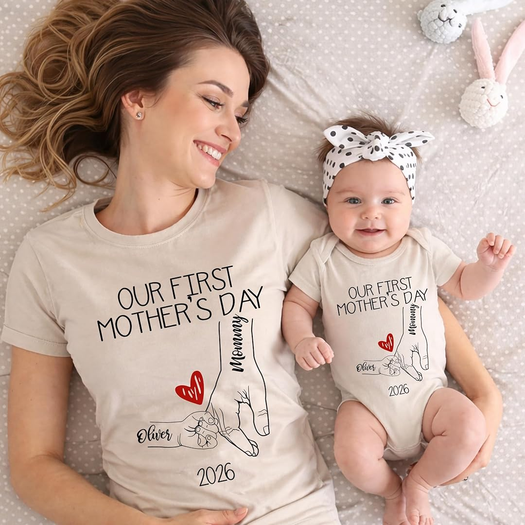 Personalized Our First Mothers Day, Mom and Baby Hand in hand Matching Outfits, Bodysuit Baby