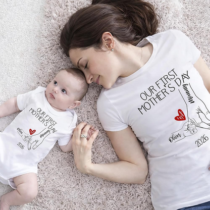 Personalized Our First Mothers Day, Mom and Baby Hand in hand Matching Outfits, Bodysuit Baby