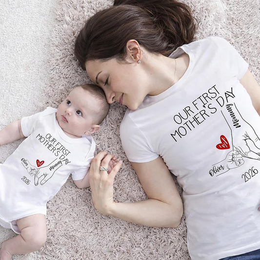 Personalized Our First Mothers Day, Mom and Baby Hand in hand Matching Outfits, Bodysuit Baby
