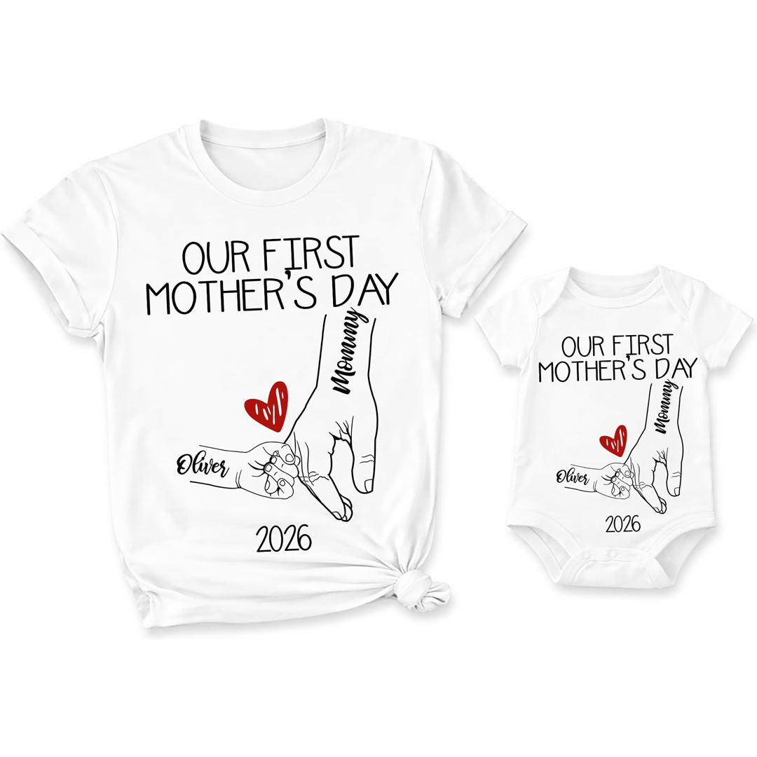 Personalized Our First Mothers Day, Mom and Baby Hand in hand Matching Outfits, Bodysuit Baby
