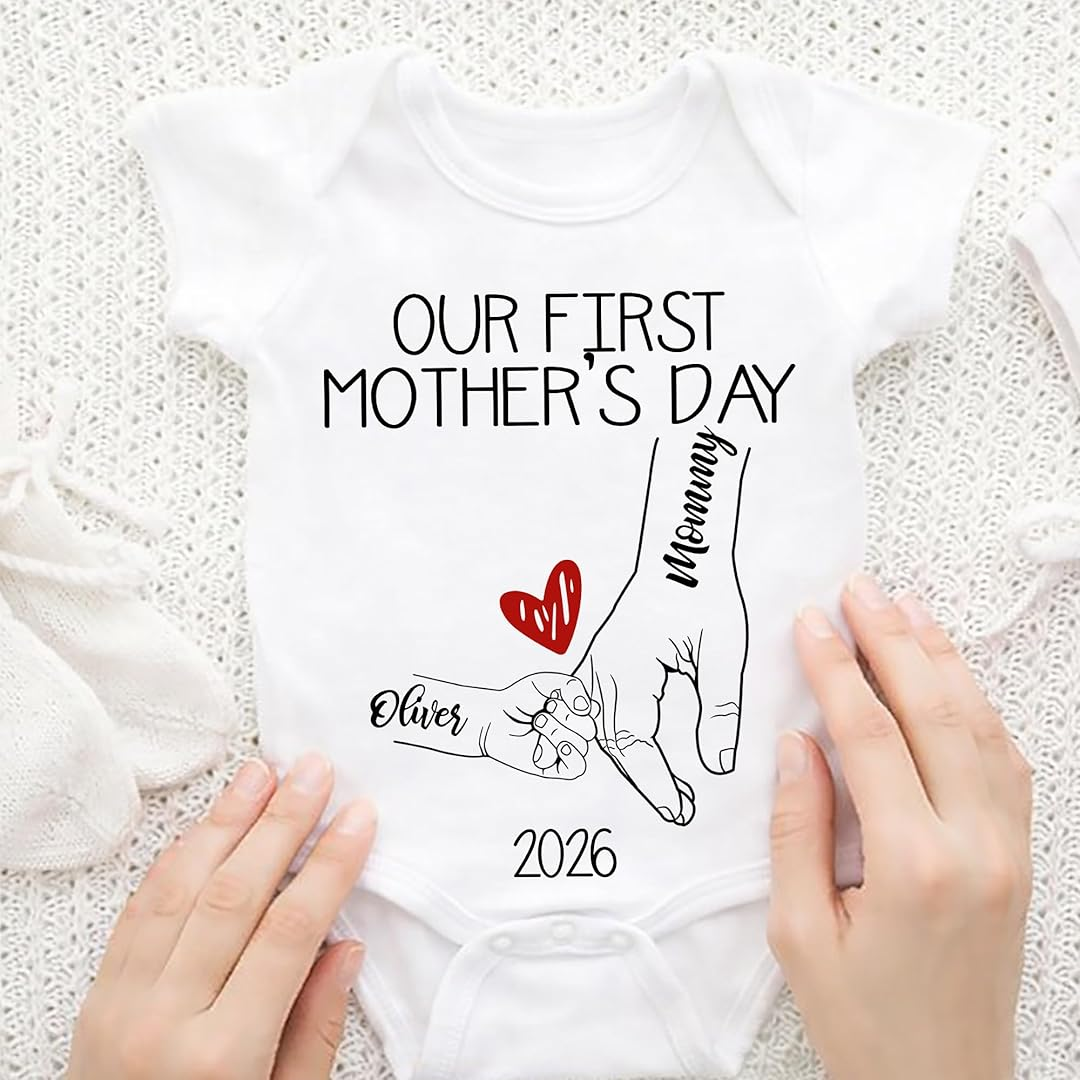 Personalized Our First Mothers Day, Mom and Baby Hand in hand Matching Outfits, Bodysuit Baby