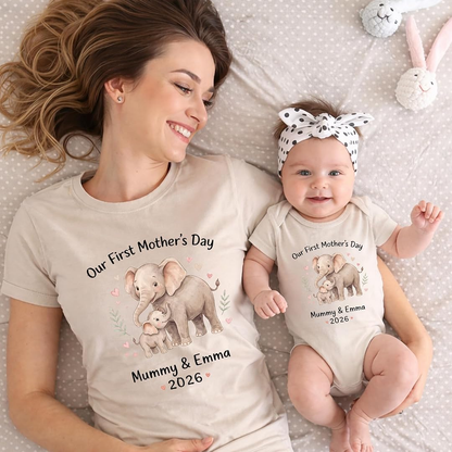 Personalized First Mother’s Day Mom & Baby Outfit Set Elephant with Names Gift for New Mom