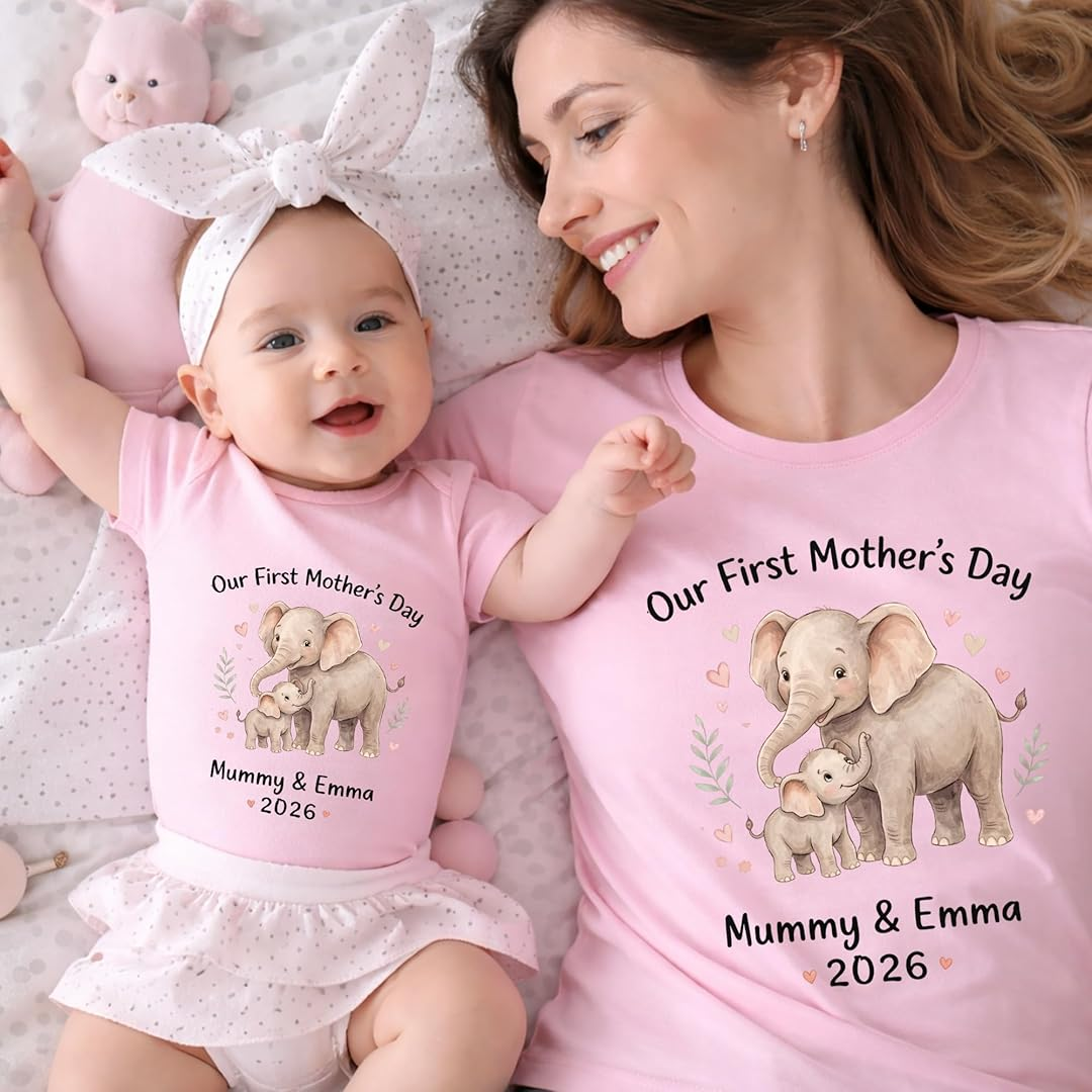 Personalized First Mother’s Day Mom & Baby Outfit Set Elephant with Names Gift for New Mom