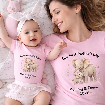 Personalized First Mother’s Day Mom & Baby Outfit Set Elephant with Names Gift for New Mom