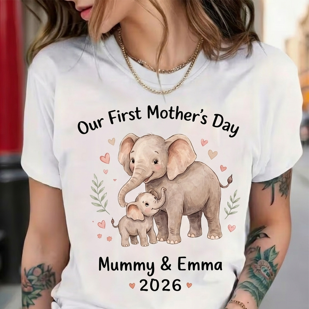 Personalized First Mother’s Day Mom & Baby Outfit Set Elephant with Names Gift for New Mom