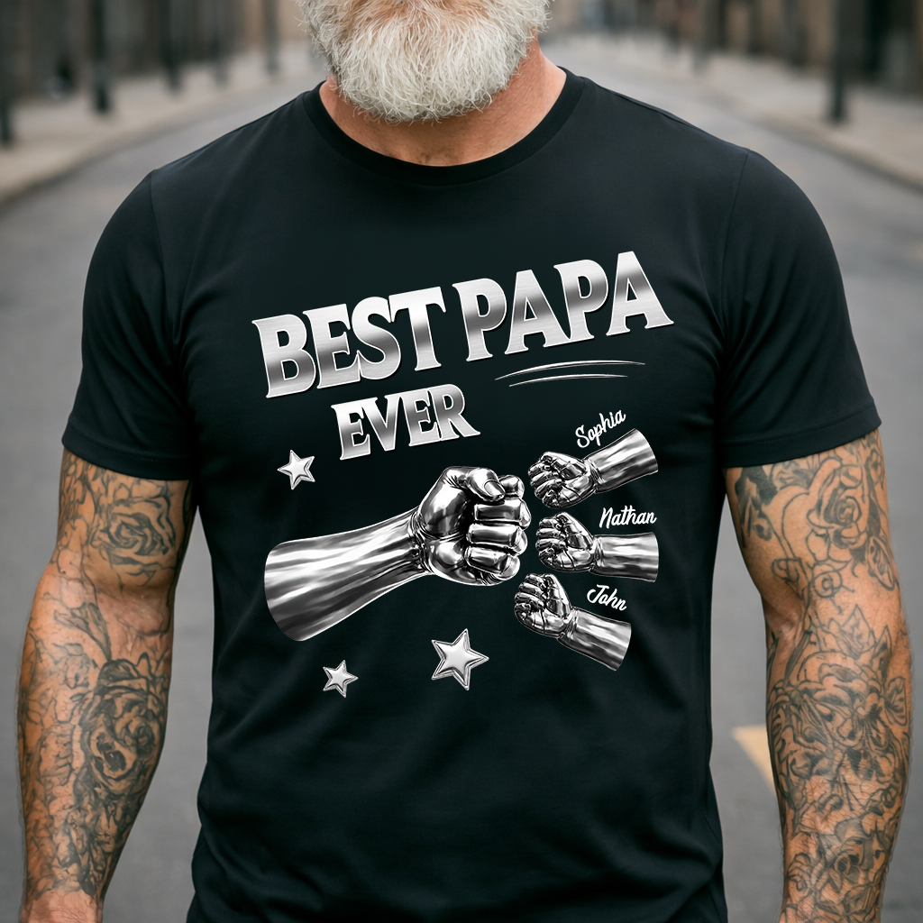 Best Papa Ever Shirt Personalized with Grandkids Names, Custom Family Fist Bump Design, Fathers Day Shirt for Papa Grandpa Dad
