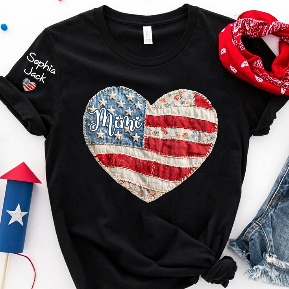 Personalized Patriotic Grandma Heart Shirt, Custom Mimi Nana Gigi Floral Flag Tee with Kids Names Sleeve, American Flag Patchwork 4th of July Gift for Grandma Mothers Day Birthday Shirt