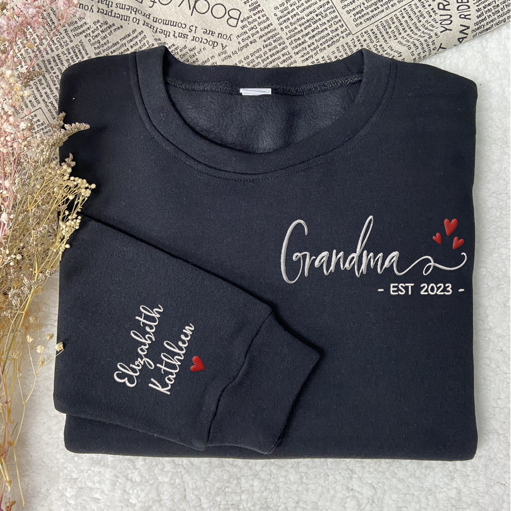 Godmerch Grandma Est And Grandkids Embroidered Sweatshirt CL01
