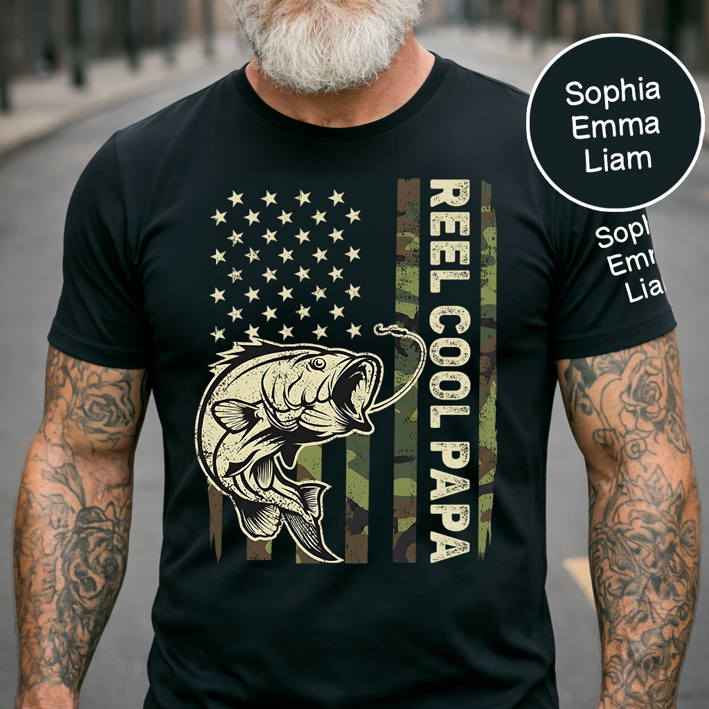 Personalized Reel Cool Papa Fishing Shirt Custom Kids Names on Sleeve, Bass Fish American Flag Shirt for Grandpa Dad, Fathers Day Family Gift