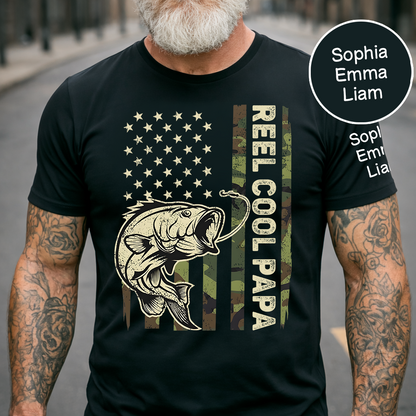 Personalized Reel Cool Papa Fishing Shirt Custom Kids Names on Sleeve, Bass Fish American Flag Shirt for Grandpa Dad, Fathers Day Family Gift