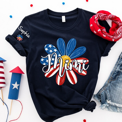 Custom Mimi T Shirt with Kids Names Floral Daisy American Flag Design Personalized Family Gift for Mimi 4th of July