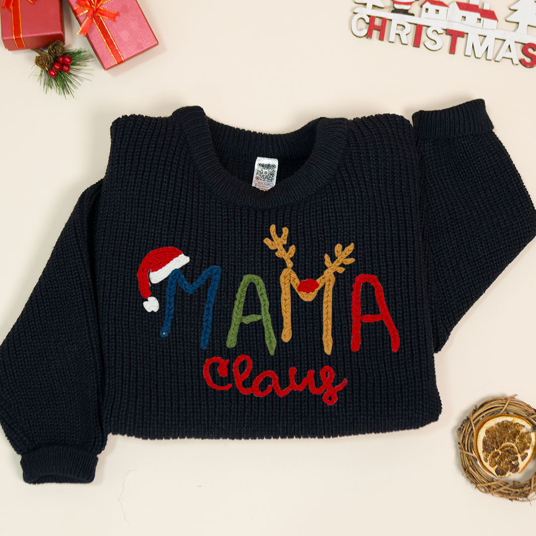 Custom Hand-Embroidered Christmas Knitted Sweater – Personalized Mama Claus Sweater with Festive Design