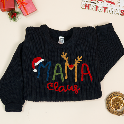 Custom Hand-Embroidered Christmas Knitted Sweater – Personalized Mama Claus Sweater with Festive Design