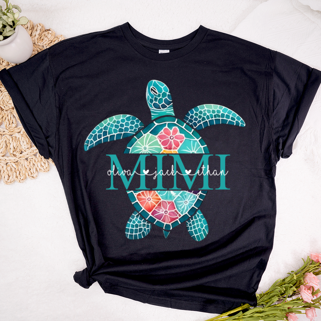 Personalized Mimi Sea Turtle Shirt, Custom Kids Names Floral Tee, Custom Family Names Gift for Grandma Shirt