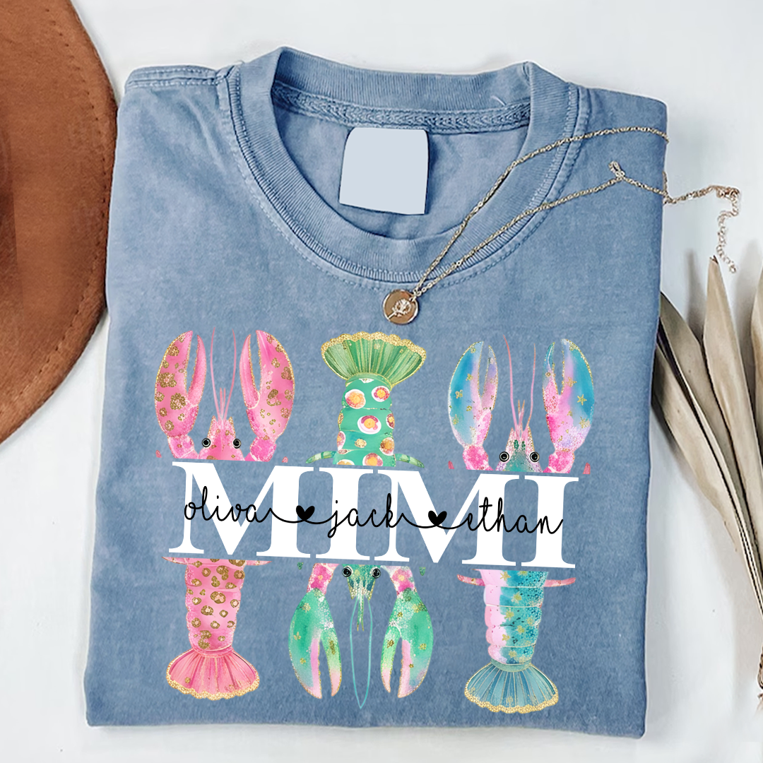 Comfort Colors Custom Mimi Lobster Shirt with Grandkids Names, Personalized Grandma Beach Summer T-Shirt Gift for Grandma