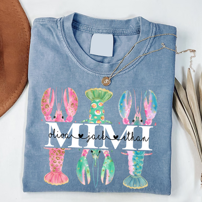Comfort Colors Custom Mimi Lobster Shirt with Grandkids Names, Personalized Grandma Beach Summer T-Shirt Gift for Grandma