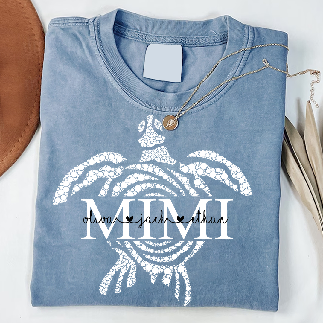 Comfort Colors® Personalized Mimi Mimi Sea Turtle Shirt, Custom Grandkids Names Beach Shirt,Custom Family Names Gift for Grandma
