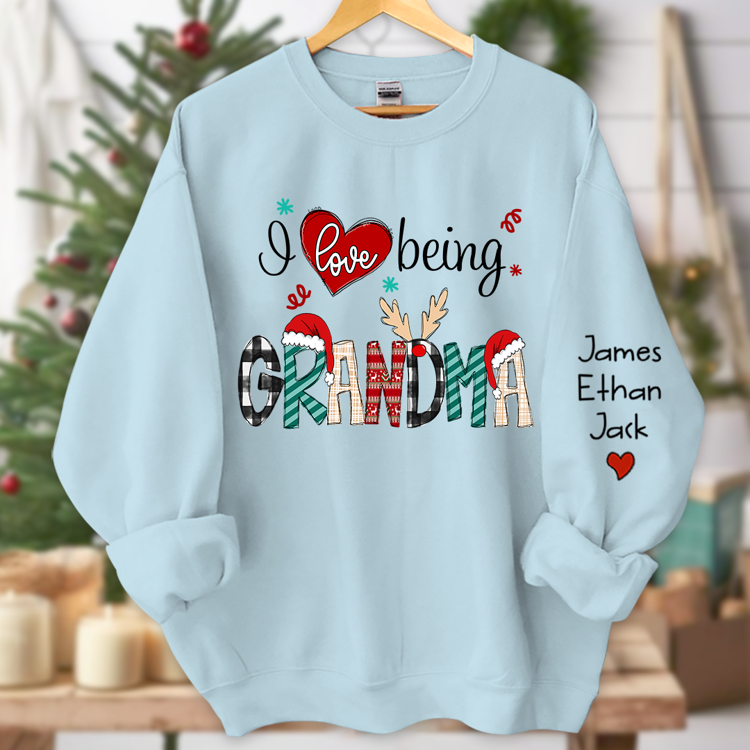 Personalized I Love Being Grandma Merry Christmas Sweatshirt, Custom Grandma and Grandkids Sweatshirt