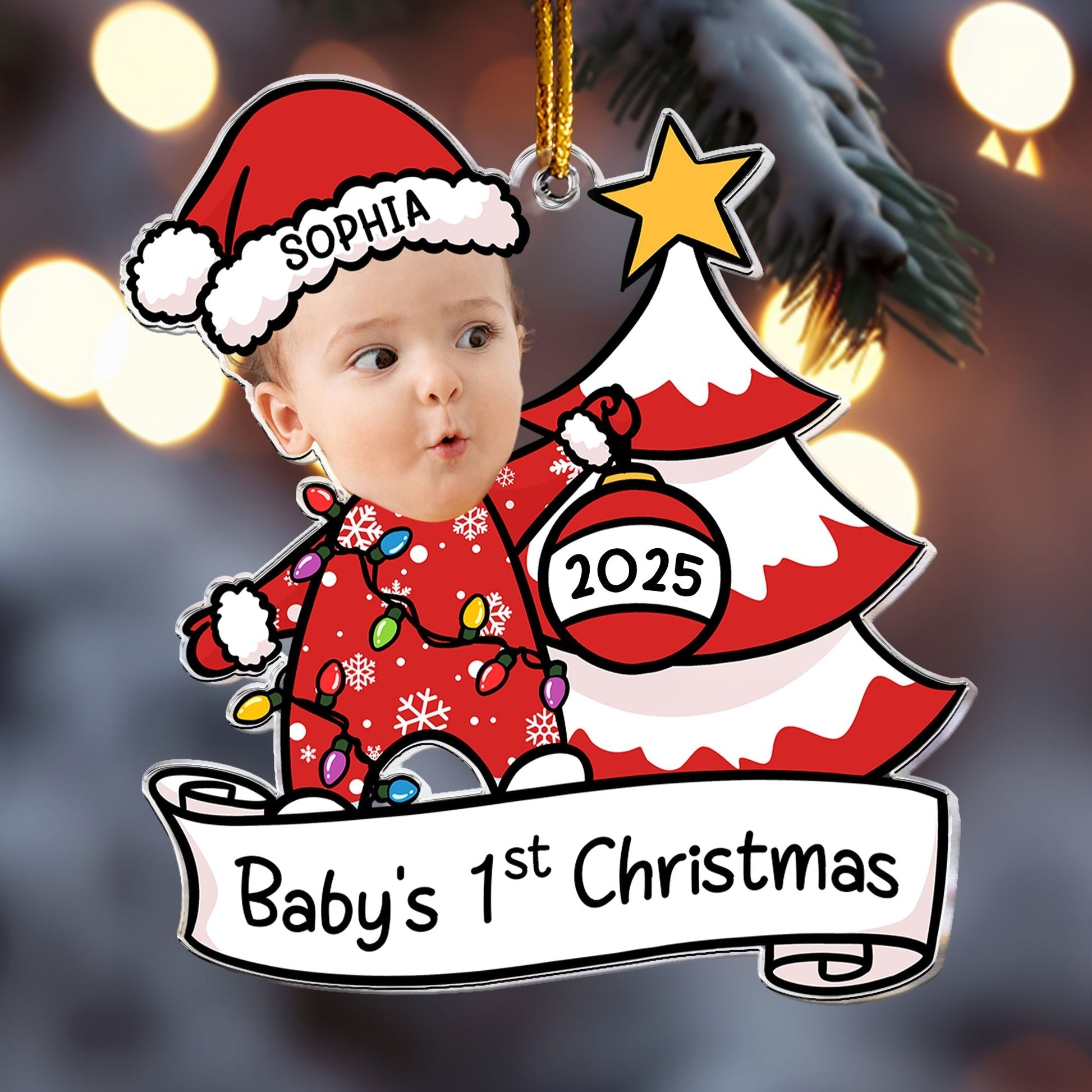 Baby First Christmas Ornament Personalized, Custom Face, Name & Year Xmas Tree Decoration 2025