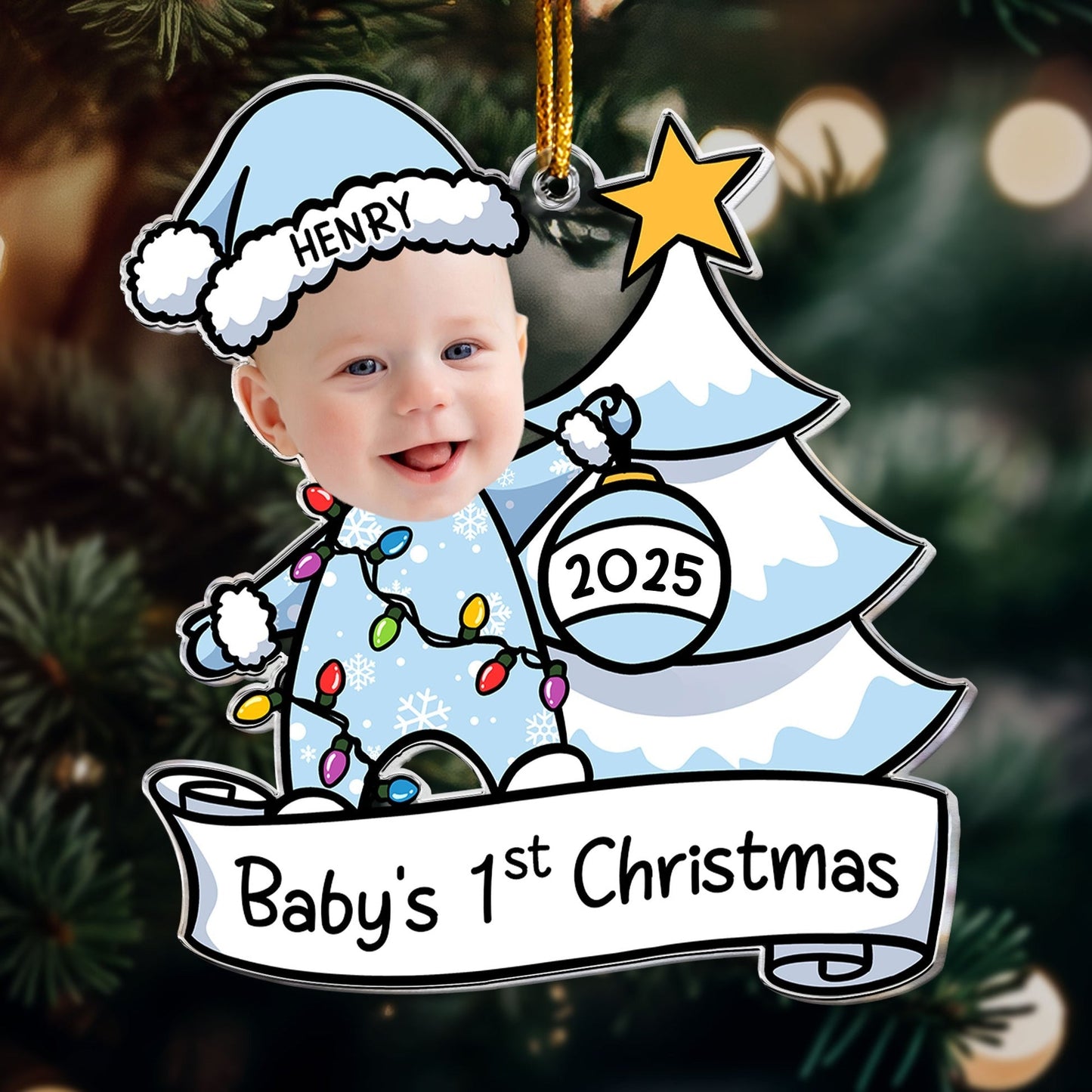 Baby First Christmas Ornament Personalized, Custom Face, Name & Year Xmas Tree Decoration 2025
