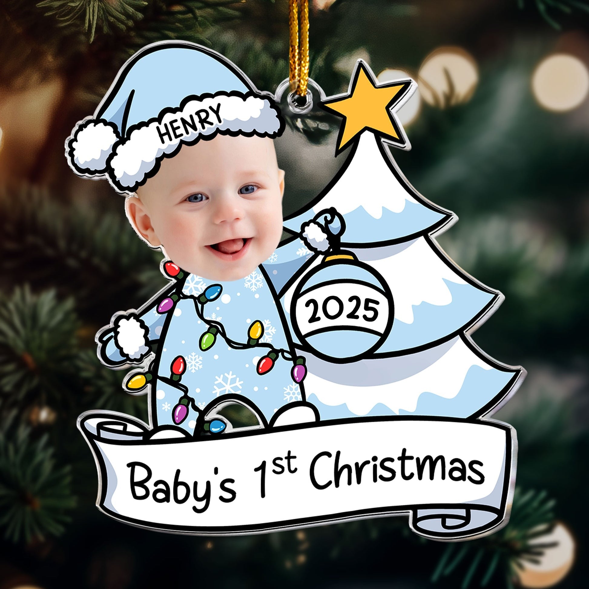 Baby First Christmas Ornament Personalized, Custom Face, Name & Year Xmas Tree Decoration 2025