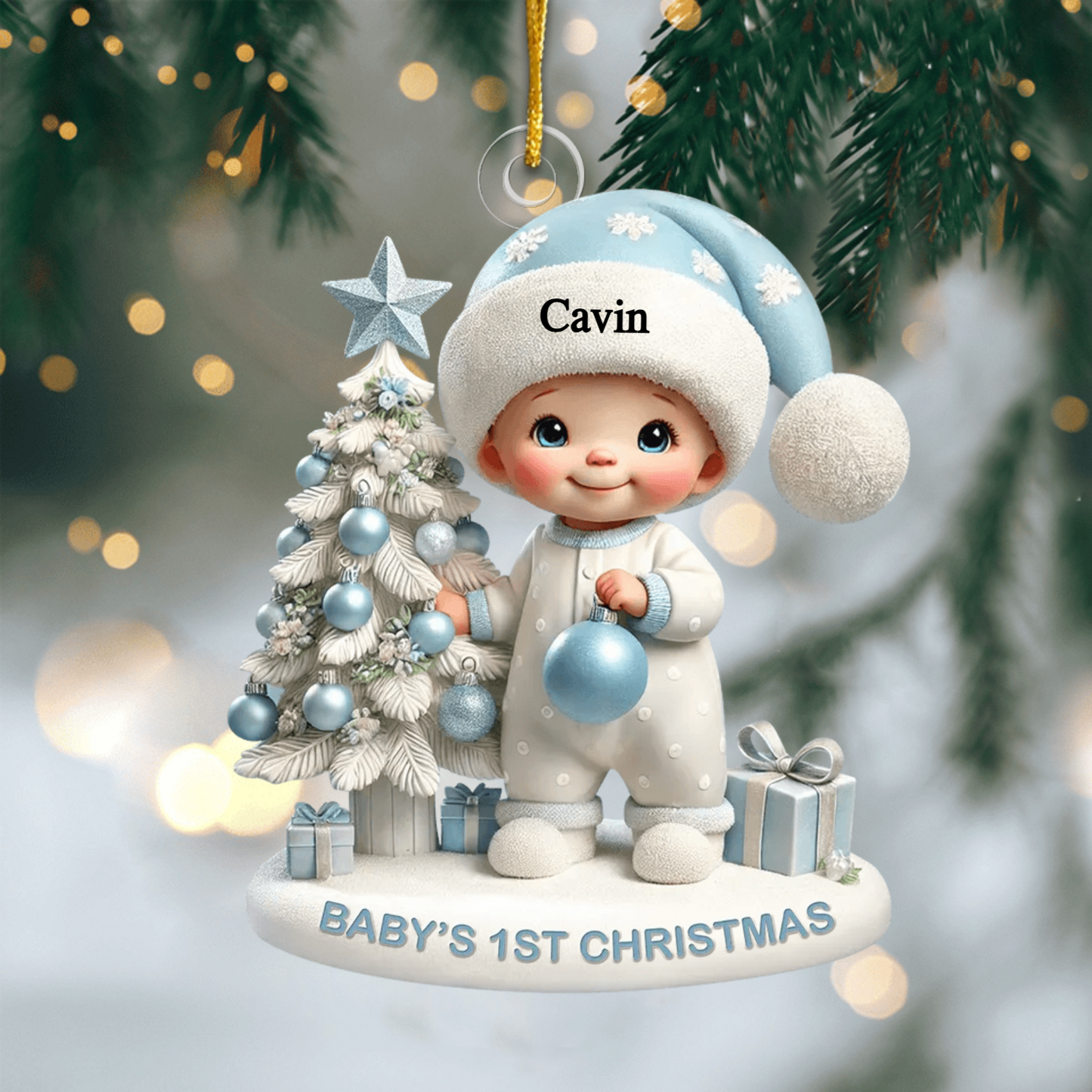 Baby’s First Christmas Personalized Ornament – Cute 3D Effect Baby Beside Tree Design, Custom Keepsake for New Parents Ornament