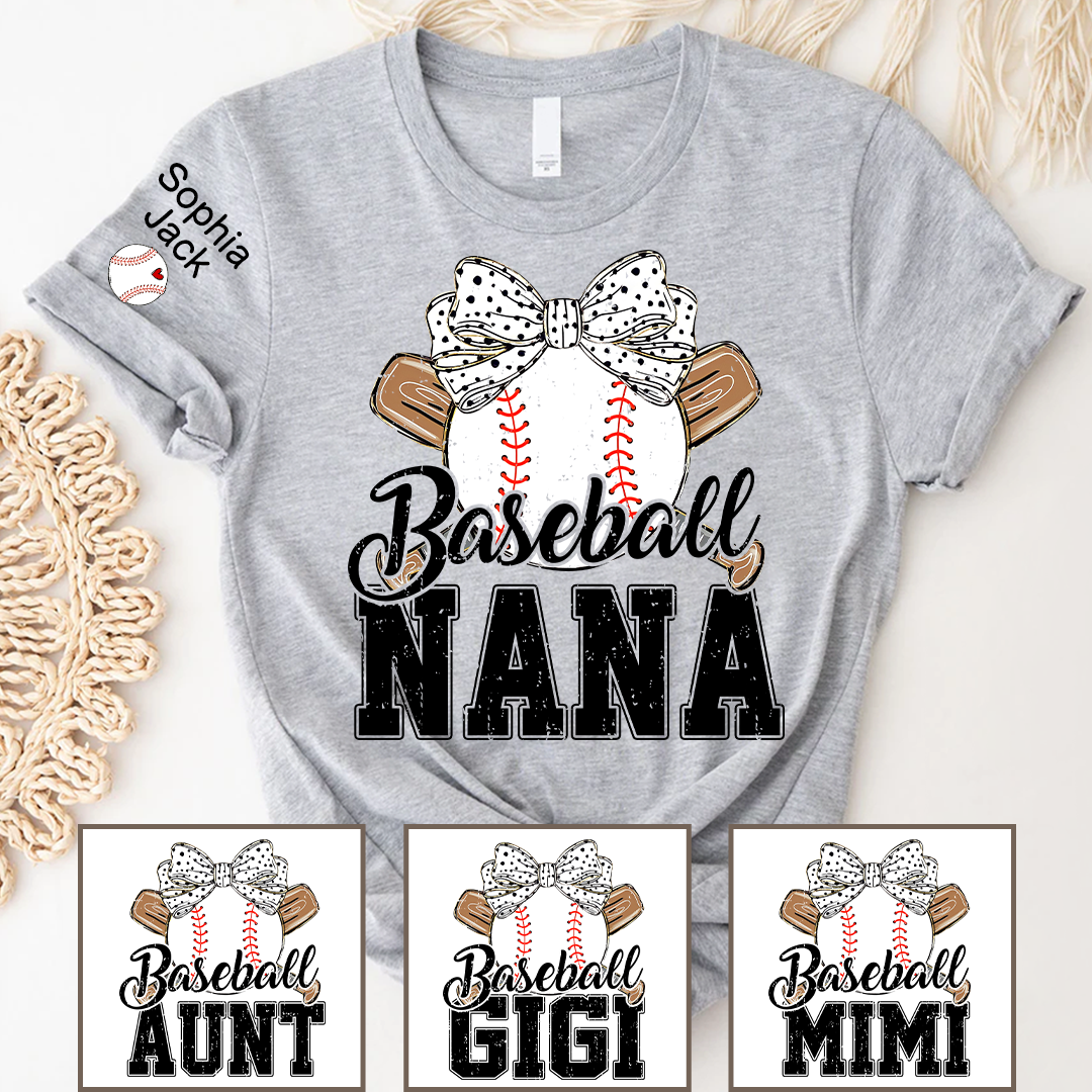 Baseball Nana Gameday Gift For Grandma with Grandkids Custom Name on Sleeve T-shirt